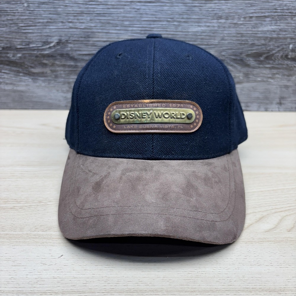 Disney World Hat Cap Strap Back Black Brown Suede Brim Leather Patch Mens